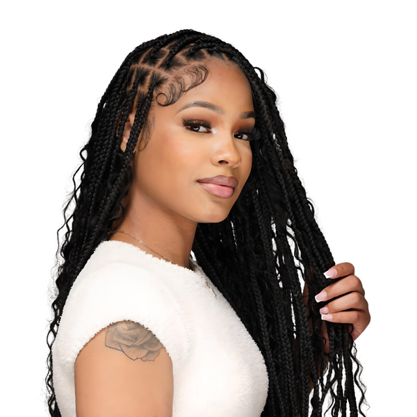 Model showcasing human braiding hair with Boho knotless style, flaunting 100g of 100% human hair in braids.