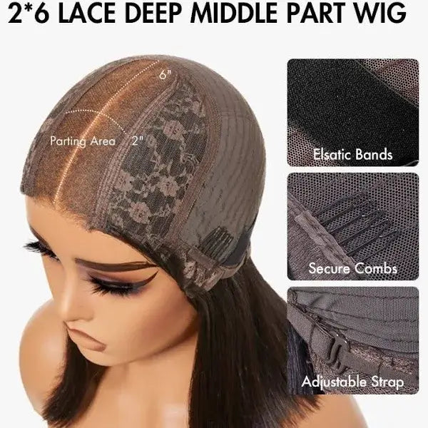 Middle Part HD 2x6 Lace Closure Bob Wig 250% Density Natural Black Premium Raw Hair
